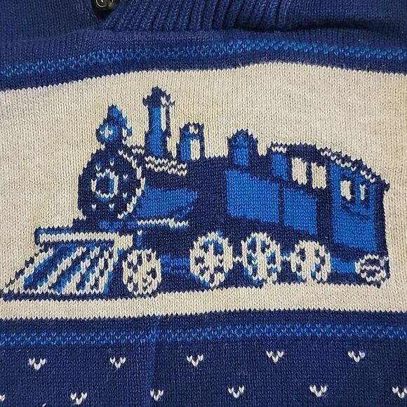 JANIE AND JACK BLUE AND GRAY TRAIN SHAWL COLLAR SWEATER, SIZE 12-18 MONTHS - Picture 4 of 8